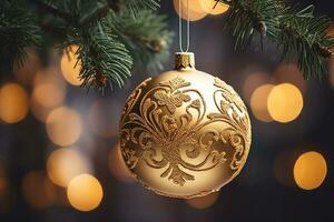 Golden decorative Christmas tree ball on a Christmas tree. Generative AI photo