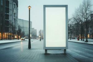 Vertical blank white billboard at bus stop on city street. Generative AI photo