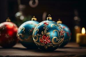 Christmas background with vintage baubles. Generative AI photo