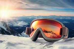 Snow glasses with rays of the setting sun. Winter sports equipment. Generative AI photo