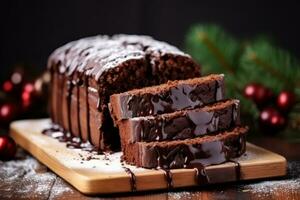 Chocolate pound cake. Loaf of cake sliced into pieces with chocolate ganache cream. Generative AI photo