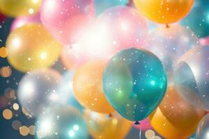 A bunch of colorful balloons with happy celebration party background. AI generated photo