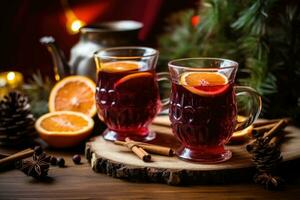 Mulled red wine with spices and citrus fruits. Traditional hot drink at Christmas time. Generative AI photo