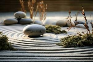 Japanese zen garden. Stones in row pattern in sand and rocks for relaxation and concentration. Generative AI photo