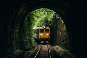 Train goes through a tunnel. Generative AI photo