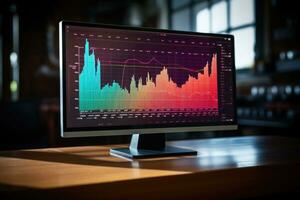 A computer monitor with a graph on the screen. Monitor screen shows growth data with graphs, charts, software UI. AI generated photo