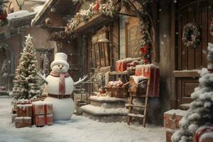 un nieve hombre fuera de el casa y un montón de regalo cajas son untado alrededor él. generativo ai foto