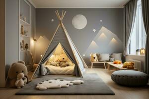 Cozy kids room interior with grey plush carpet, toys and small tent. Generative AI photo