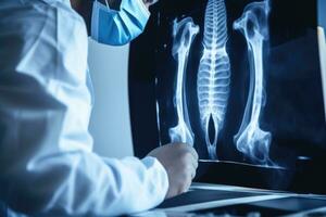 radiólogo analizando un radiografía. médico diagnosticando pacientes salud con radiológico radiografía película para médico cuidado de la salud hospital servicio. generativo ai foto