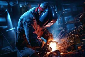 Worker welder performs arc welding in factories. Generative AI photo