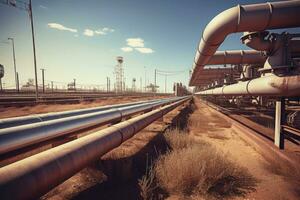 Industrial zone. Steel long pipelines. Generative AI photo