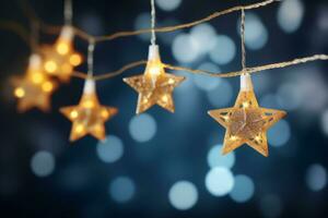 Christmas golden stars lights string hanging on blue bokeh background. Generative AI photo