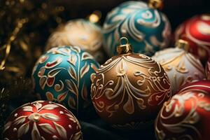 Christmas background with vintage baubles. Generative AI photo