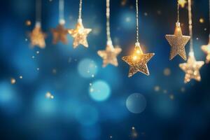 Christmas golden stars lights string hanging on blue bokeh background. Generative AI photo