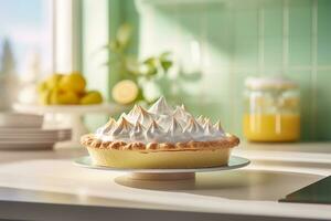 Lemon meringue pie in modern kitchen with sunlight. Generative AI photo