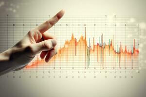 Hand with a pointer in a chart with data analysis on a bokeh background. Generative AI photo