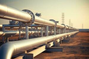 Industrial zone. Steel long pipelines. Generative AI photo
