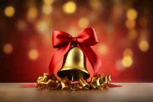 Christmas bell with red ribbon and blurred lights background. Generative AI photo