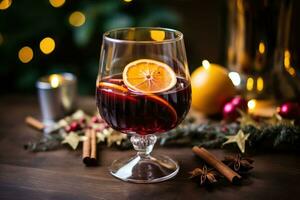 Mulled red wine with spices and citrus fruits. Traditional hot drink at Christmas time. Generative AI photo