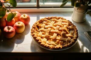 Homemade autumn apple pie. Still life with fresh apples. Generative AI photo