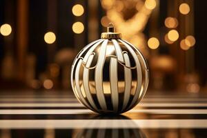 Art deco inspired christmas ball pattern on blurred lights background. Generative AI photo