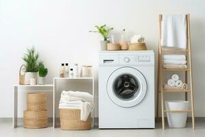 Interior of home laundry room with modern washing machine. Generative AI photo