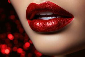 Beauty red lips makeup detail. Make up concept. Kiss. Generative AI photo