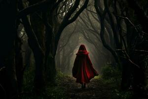 un mujer en un rojo capa caminando mediante un oscuro bosque. generativo ai foto