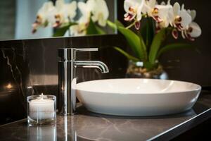 Bathroom in a modern luxury house. Bathroom counter with sink and beautiful flowers. AI generated photo