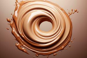 Chocolate milk swirl splash. Melted chocolate surface whirlwind. Generative AI photo