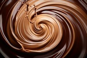 Chocolate milk swirl splash. Melted chocolate surface whirlwind. Generative AI photo