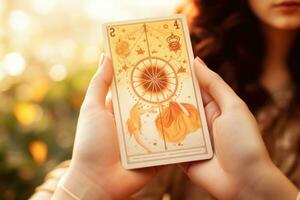 Woman's hand holding a tarot card. Fortune teller reading tarot cards. Generative AI photo