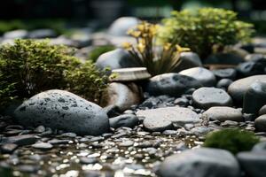 Japanese rock garden with carefully placed stones, plants and sand. Generative AI photo