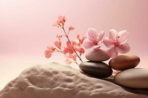 Flowers and stones. Cosmetic display stand with blossom flowers on pastel background. Generative AI photo