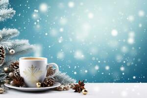 Navidad antecedentes con café taza, festivo decoraciones, hielo cristal copos de nieve y abeto sucursales. generativo ai foto