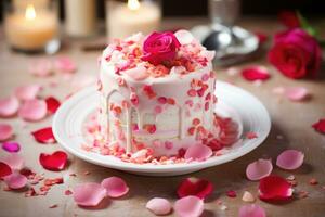 A romantic homemade pink cake adorned with rose petals. Generative AI photo