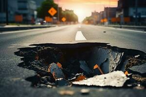 Dangerous hole in the asphalt highway. Road with cracks. Damaged asphalt, road collapse. Generative AI photo