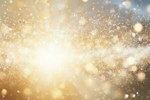 Christmas and New Year background with snow explosion, snowflakes and golden rays. Generative AI photo