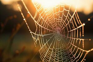 Cold dew condensing on a spiderweb with morning light rays in the background. Generative AI photo