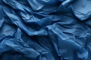 Crumpled blue clean paper texture. Generative AI photo