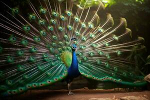 Peacock with with fully fanned aquamarine tail. Generative AI photo