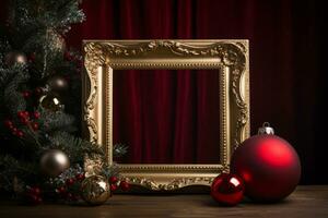 Classic Christmas decor with golden frame and red velvet fabric. Generative AI photo