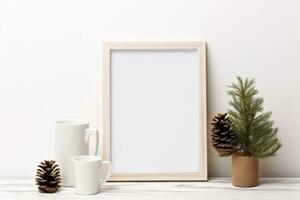 Minimal festive Christmas decor. Blank picture frame mockup with pine tree branches and cup of coffee. Generative AI photo