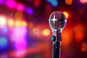 Microphone on stand for speaker speech presentation stage performance with blur and bokeh light background. Generative AI photo