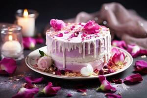 A romantic homemade pink cake adorned with rose petals. Generative AI photo