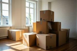 Moving in. Stack of cardboard boxes in the empty room. Generative AI photo