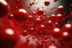 Shiny balls in different sizes on red background. Abstract glossy bubbles. Composition with chaotic floating spheres. Generative AI photo