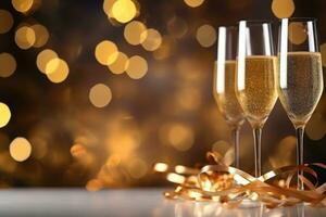 New year's eve celebration background with champagne. Golden bokeh. Generative AI photo