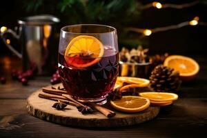 Mulled red wine with spices and citrus fruits. Traditional hot drink at Christmas time. Generative AI photo