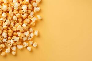 Caramel coated popcorn on a orange background. Generative AI photo